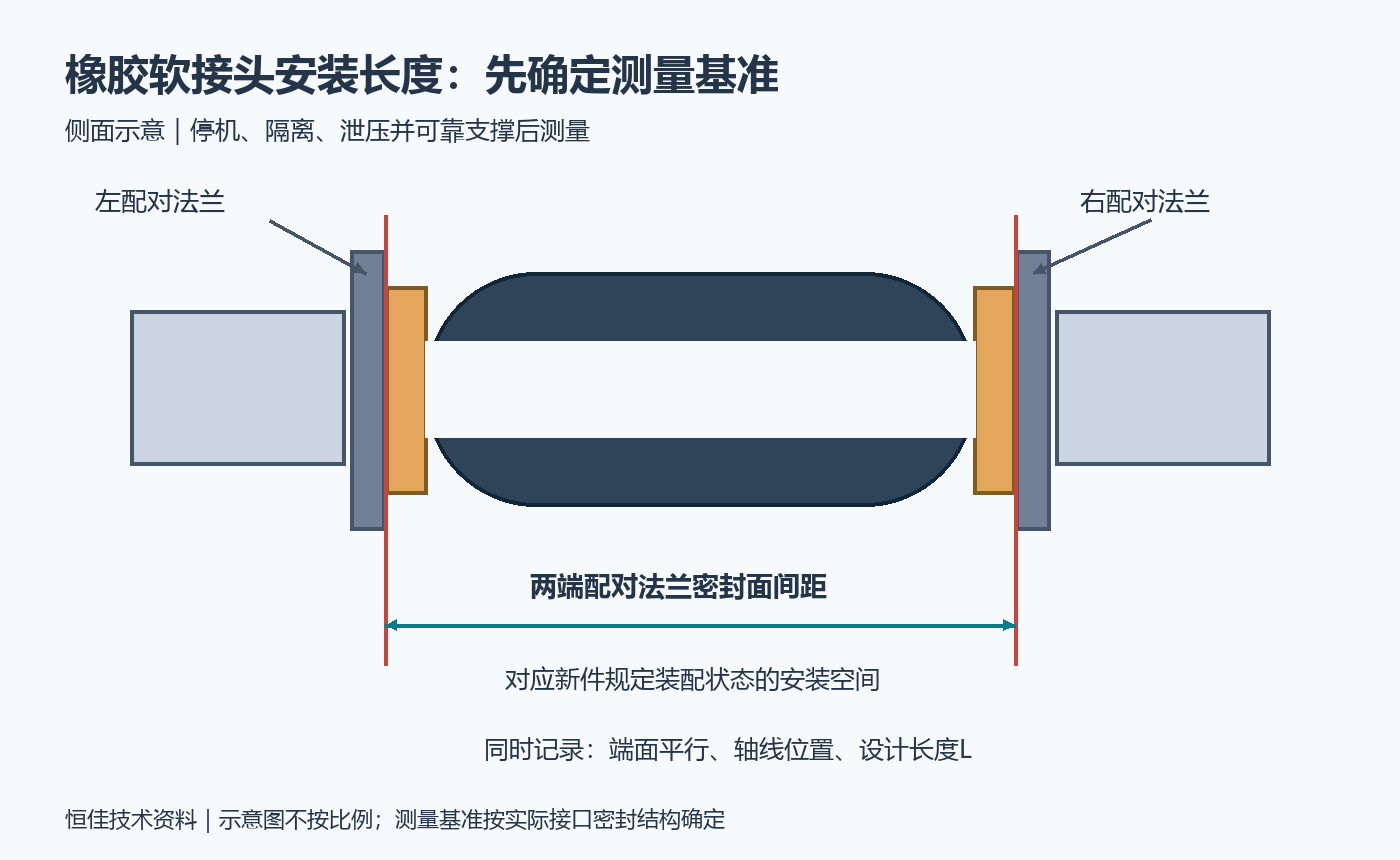 橡胶软接头侧面测量示意,标明两端配对法兰密封面间距及轴线和平行状态记录